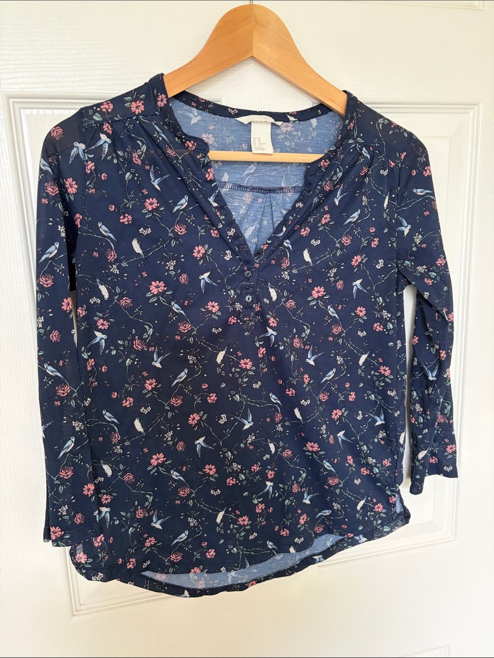 Women's Navy Floral Henley Long-Sleeve Top